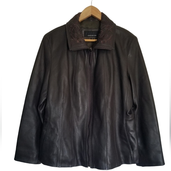 Jones New York  Genuine Leather Jacket Embroidered Brown Size Large - Picture 1 of 16